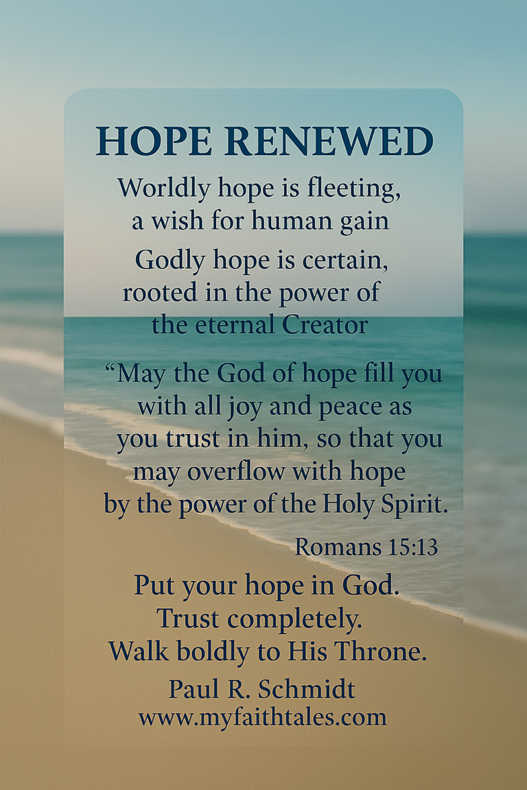 Hope Renewed devotional graphic with Romans 15:13 scripture text over a calm beach and ocean background.