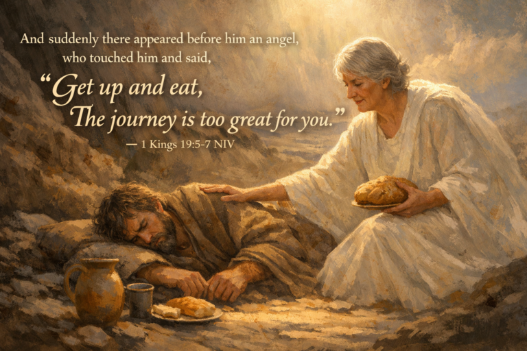 And suddenly there appeared before him an angel, who touched him and said, 'Get up and eat. The journey is too great for you.