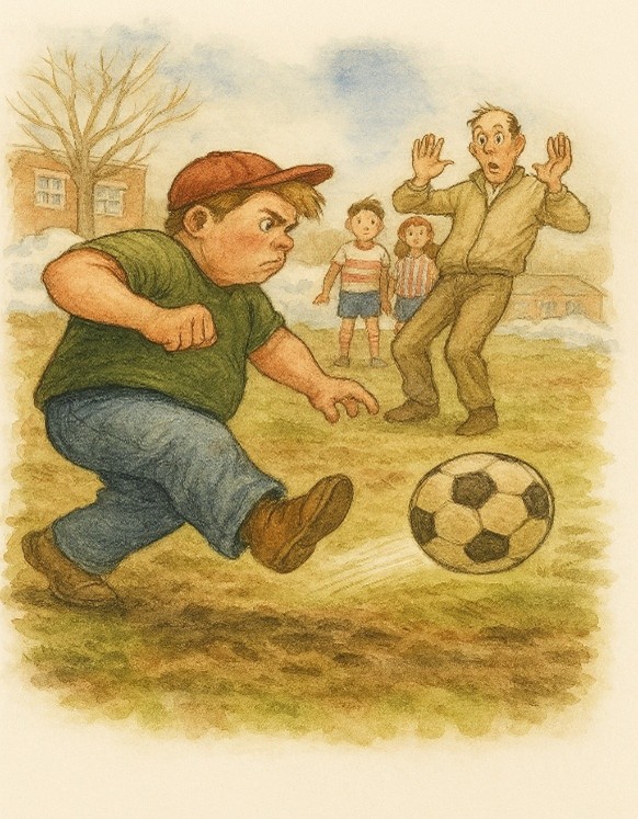 Fourth-grade soccer game where a boy blasts a ball toward the goal while the principal looks on in shock.